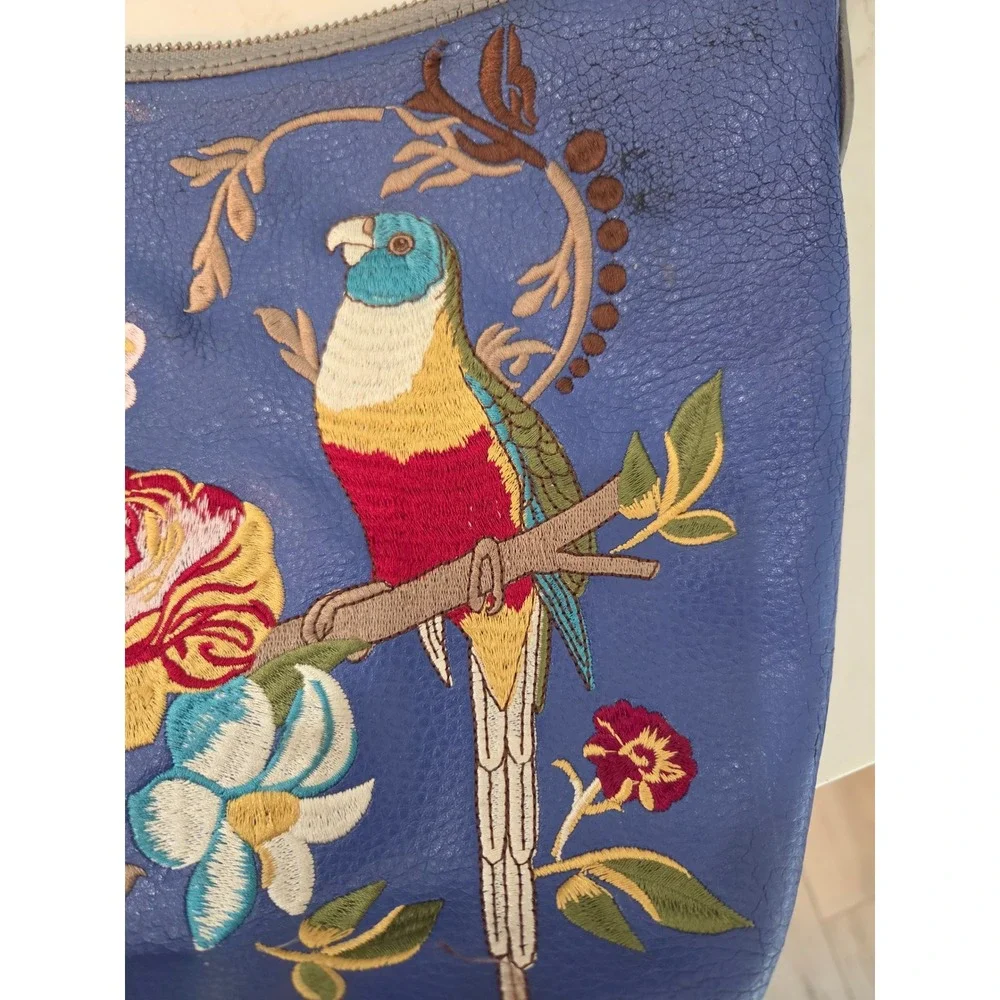 Sharif Crossbody Bag Medium Blue Embroidered Parrot Floral Tassel Leather